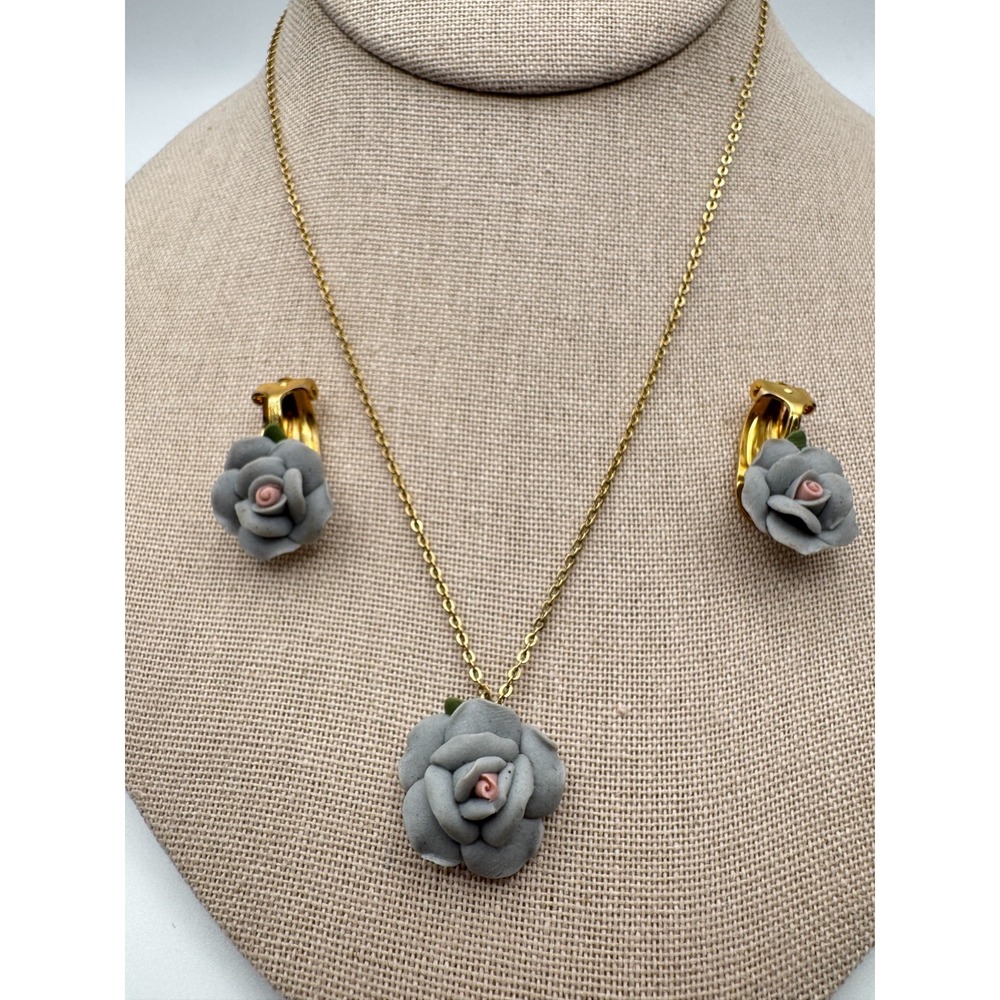 Vintage Rose Necklace Earrings Set 1928 Jewelry Co Gray Porcelain Clip On
